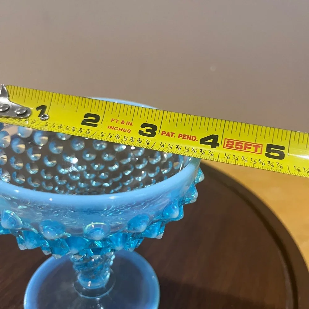 Vtg Fenton‎ Blue Opalescent Hobnail Art Glass Sherbet Goblet MCM Twisted Stem